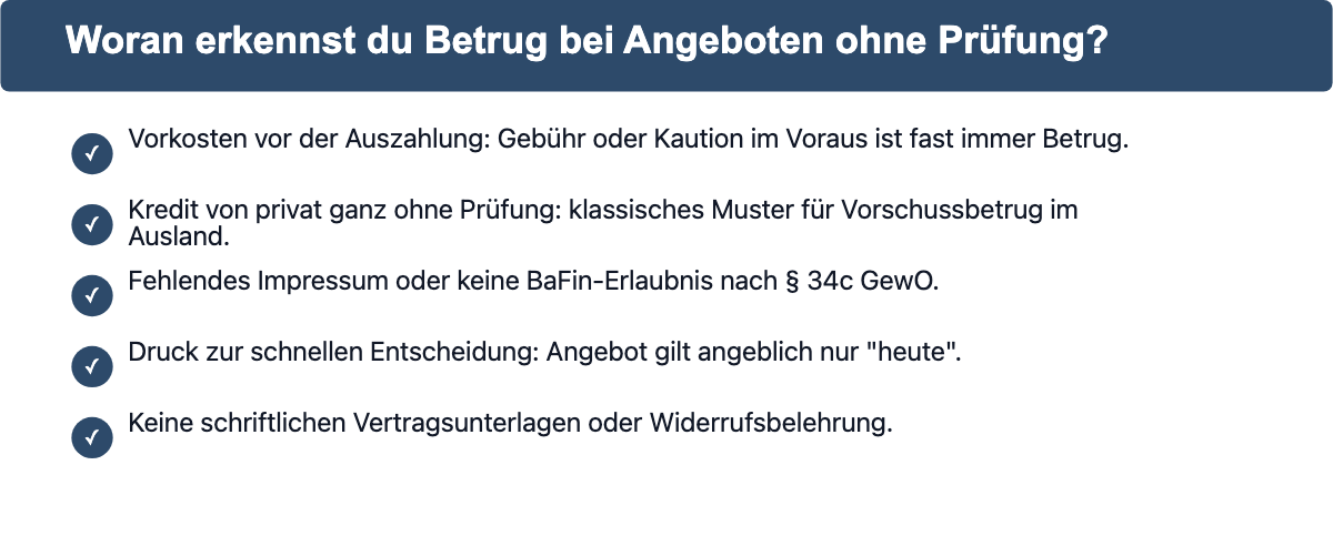 Checkliste: 5 Warnsignale für Betrug bei Krediten ohne Prüfung