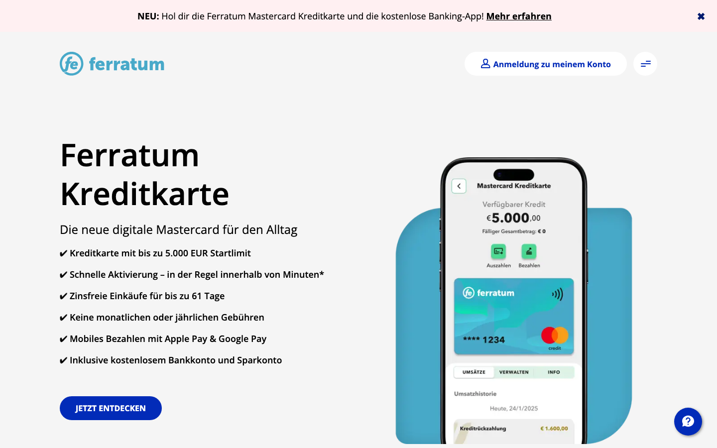 Screenshot der Ferratum-Homepage – digitale Mastercard mit revolving Kreditlinie