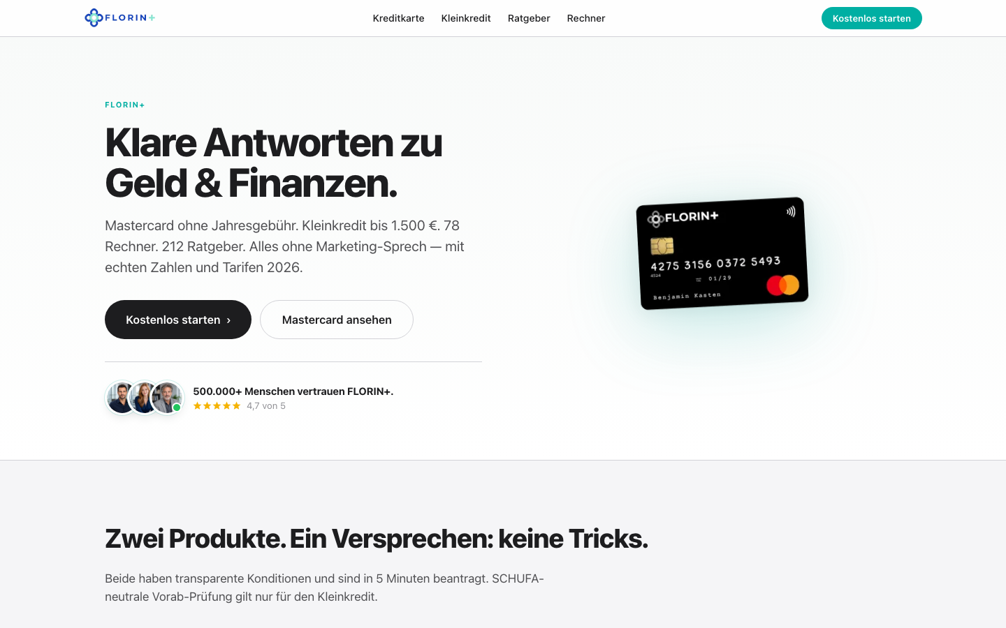 Screenshot der Florin+ Homepage – digitaler Kleinkredit bis 1.500 Euro