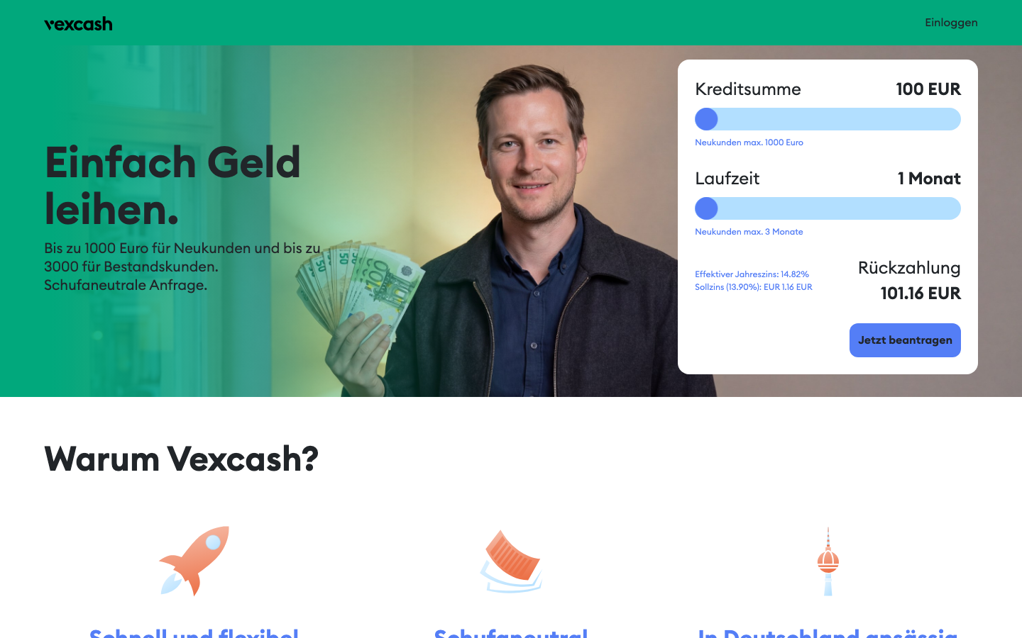 Screenshot der Vexcash-Homepage – Minikredit bis 3.000 Euro
