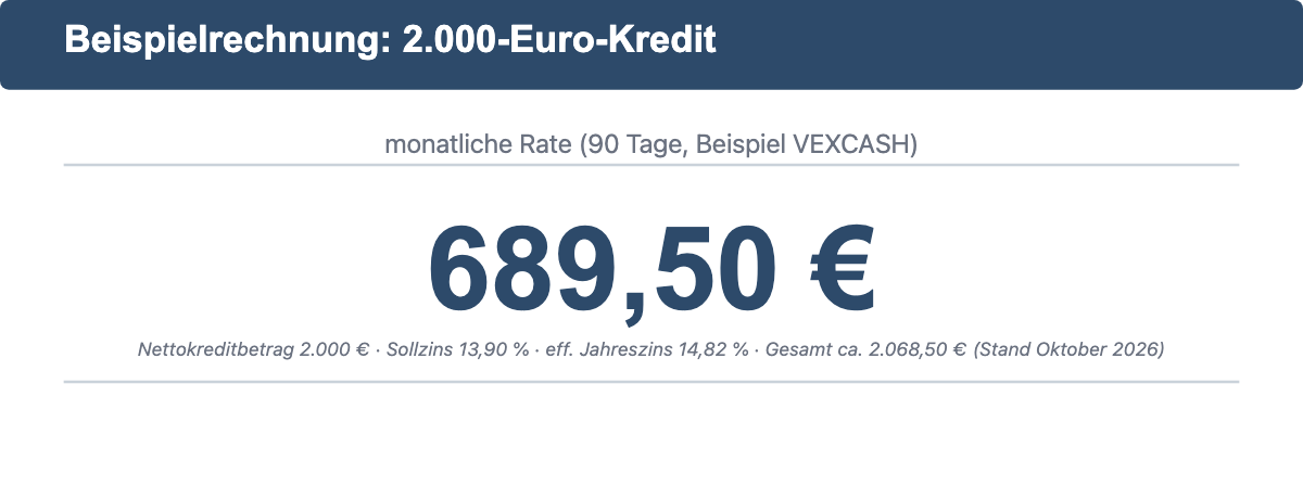 Beispielrechnung für einen 2.000-Euro-Kredit mit monatlicher Rate von 689,50 Euro bei 90 Tagen Laufzeit.