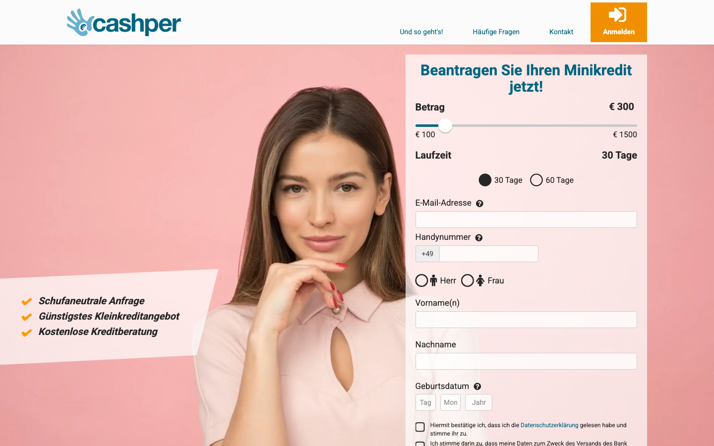 Startseite von Cashper mit Minikredit-Antragsformular für Betrag und Laufzeit