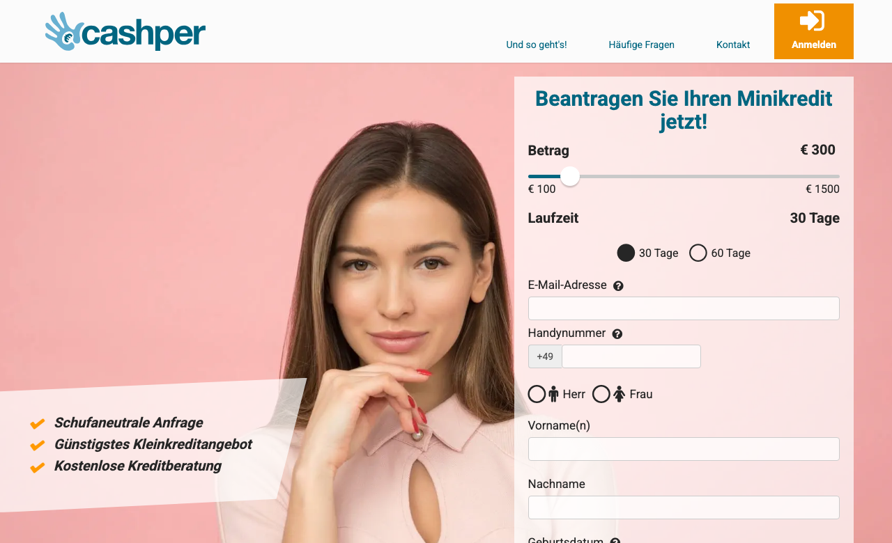 Cashper Minikredit – Startseite mit Kreditrechner