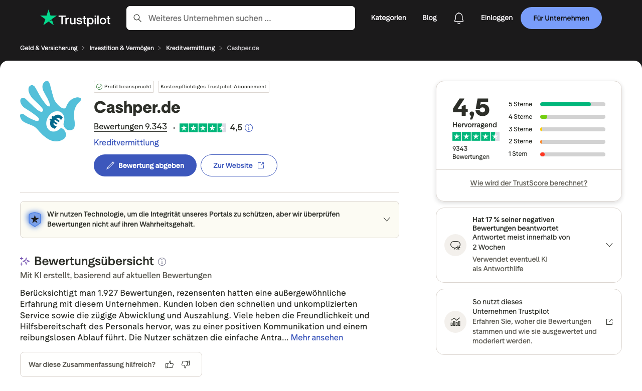 Cashper Trustpilot Bewertung – 4,5 von 5 Sternen, über 9.000 Rezensionen