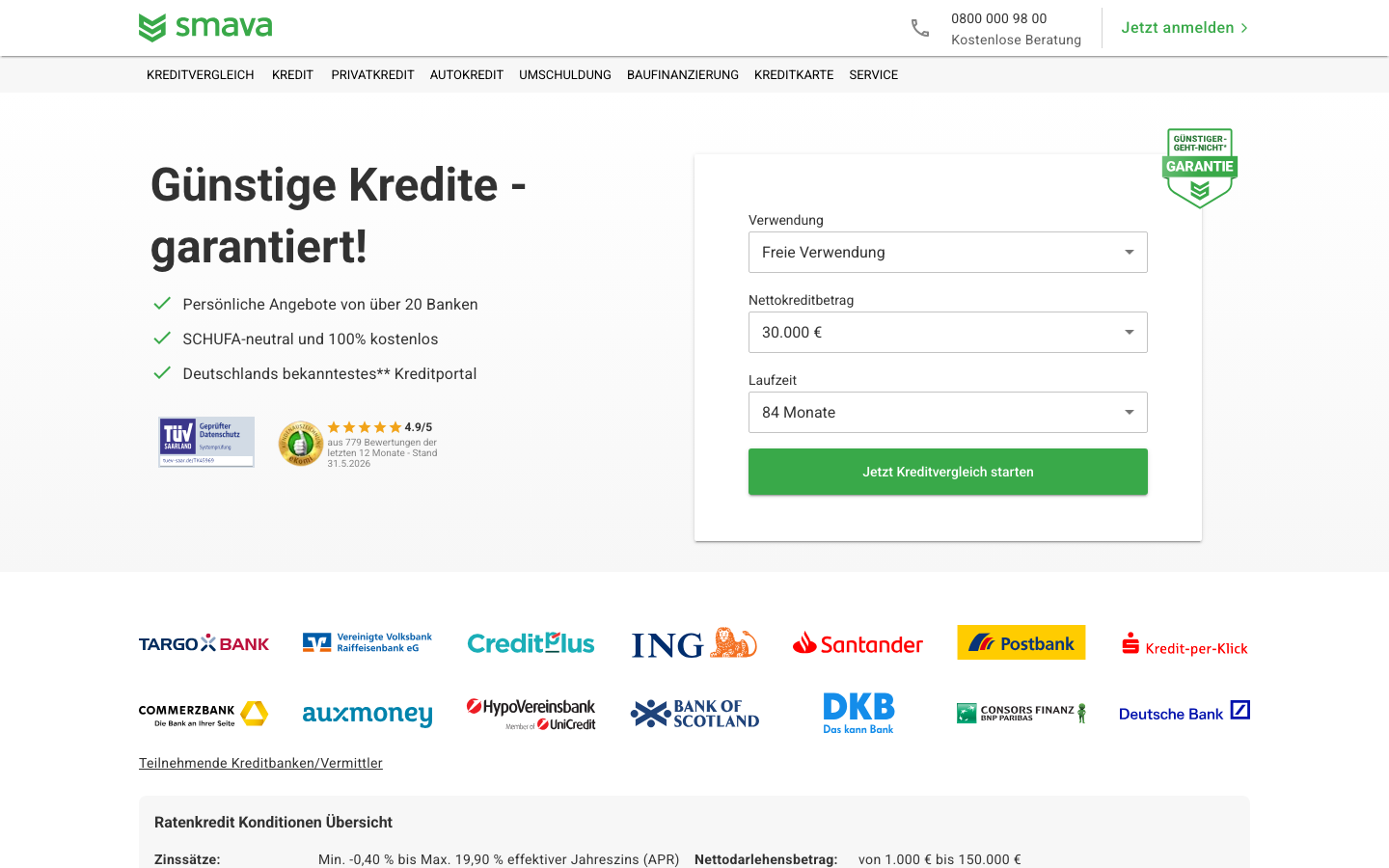 smava Kreditvergleich Homepage: Günstige Kredite von über 20 Banken vergleichen