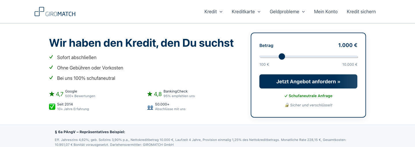 Giromatch Kreditvermittler Homepage mit Vertrauenssignalen und Kreditrechner