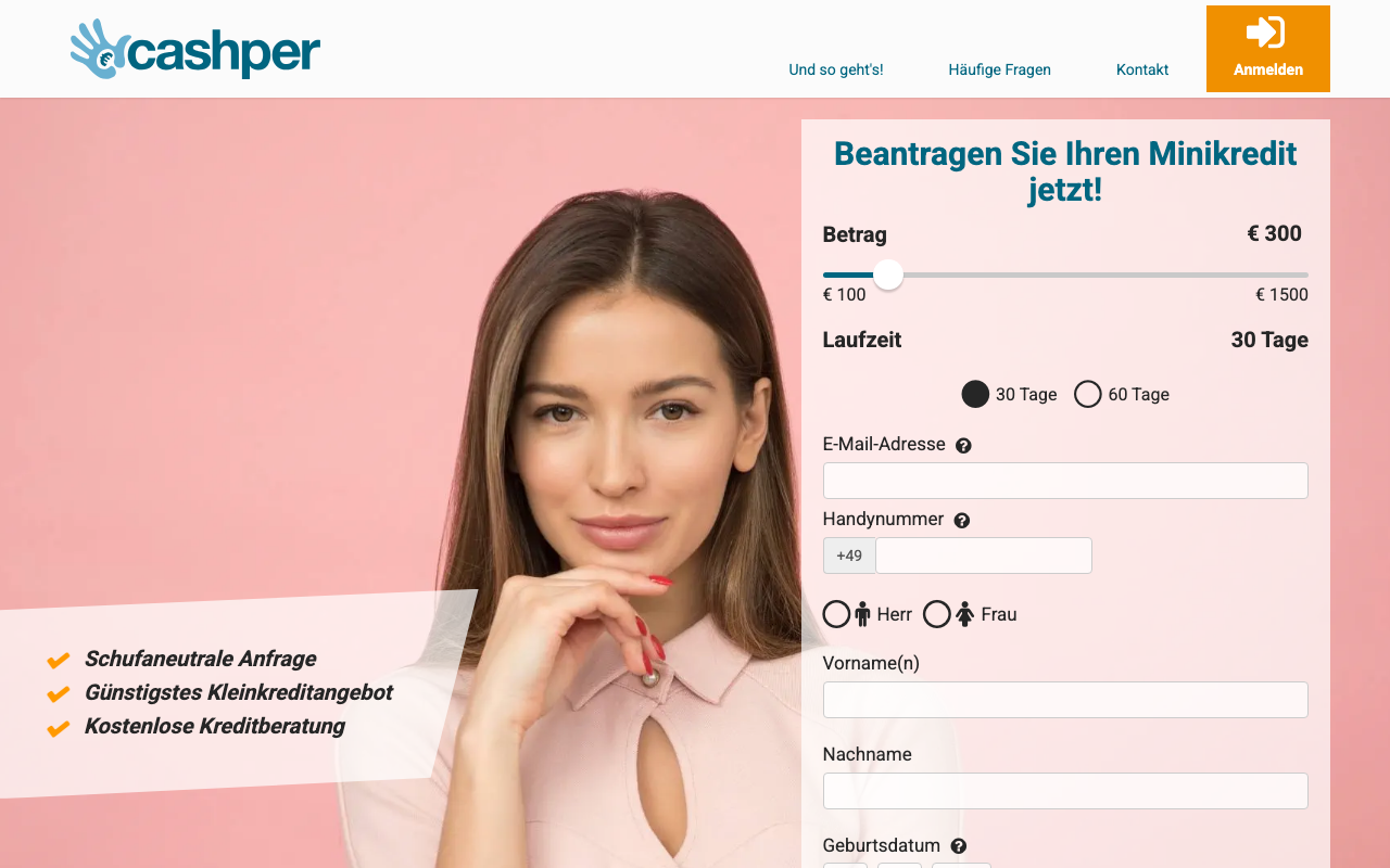 Cashper Homepage: Minikredit Antrag mit Betrag 300 Euro und Laufzeit 30 Tage, schufaneutrale Anfrage