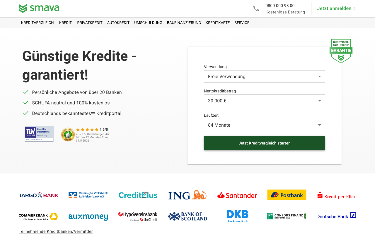 Smava Homepage: Kreditvergleich mit Formular für Verwendung, Kreditbetrag und Laufzeit, Angebote von über 20 Banken