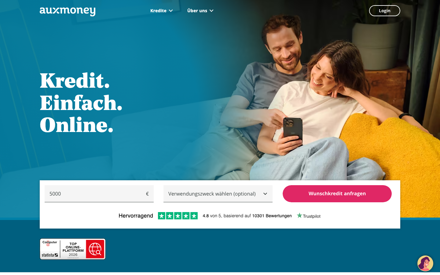 Screenshot der auxmoney Startseite mit dem Kreditrechner