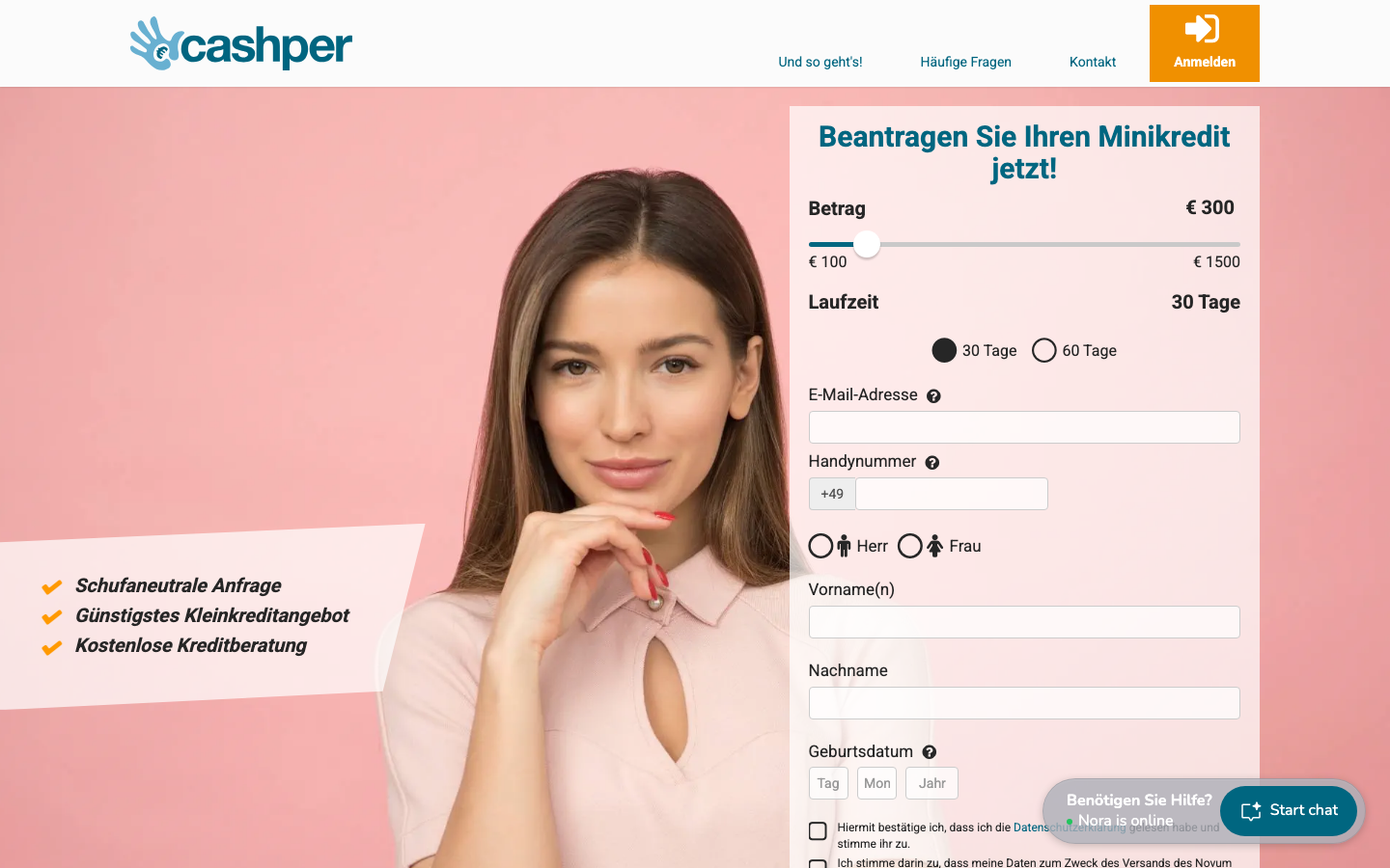 Screenshot der Cashper Startseite mit dem Online-Antragsformular für den Minikredit