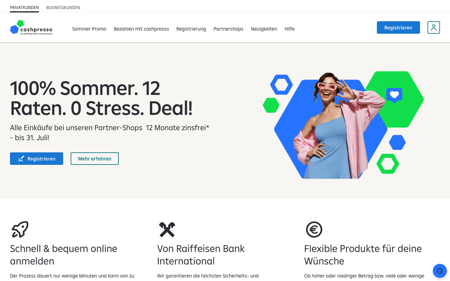 Screenshot der cashpresso.com Startseite mit Anmeldebutton fuer den Kreditrahmen