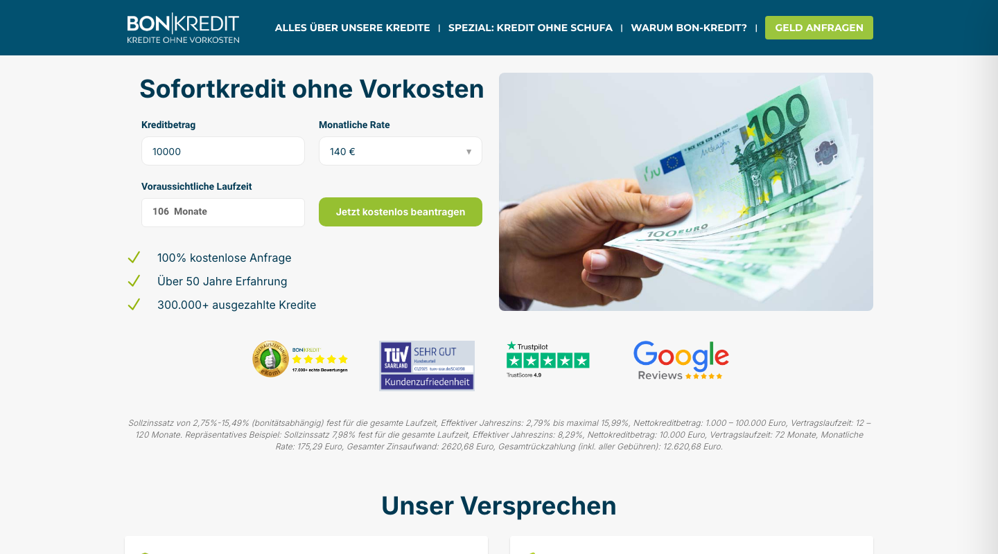 Startseite von Bon-Kredit mit Kreditrechner und Trust-Badges von eKomi, TÜV, Trustpilot und Google