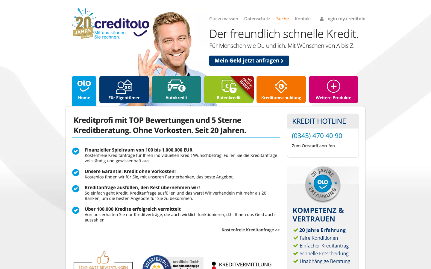 Startseite von Creditolo mit Zinsanker, Produktnavigation und 20-Jahre-Siegel