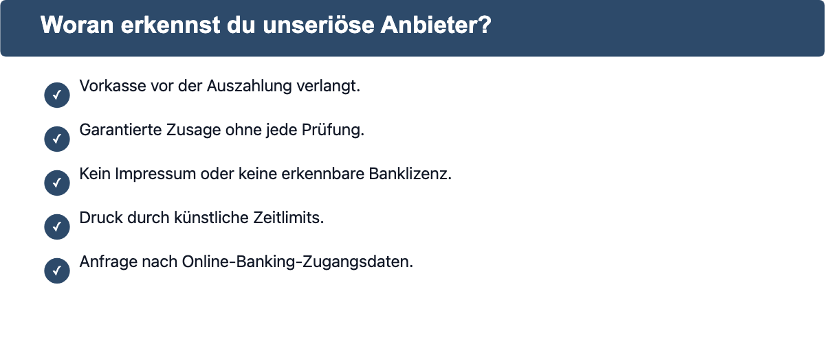 Checkliste: 5 Warnsignale für unseriöse Anbieter bei Minikredit ohne SCHUFA