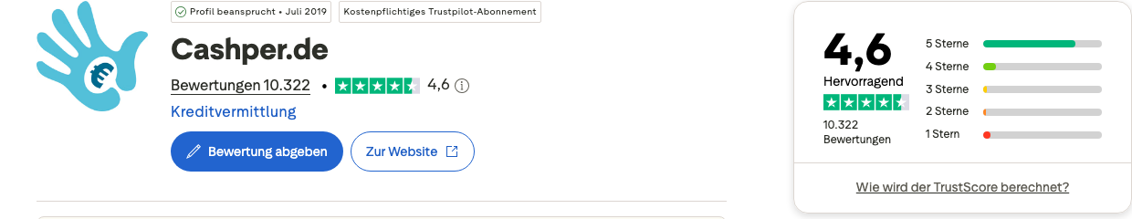 Cashper Trustpilot Bewertung – 4,6 von 5 Sternen, 10.322 Rezensionen