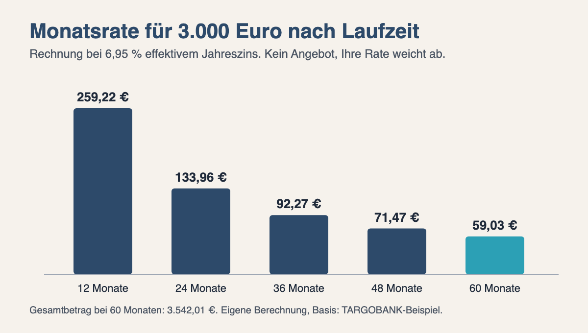 Balkendiagramm: Monatsrate für 3.000 Euro bei 12 bis 60 Monaten, 6,95 % effektiv