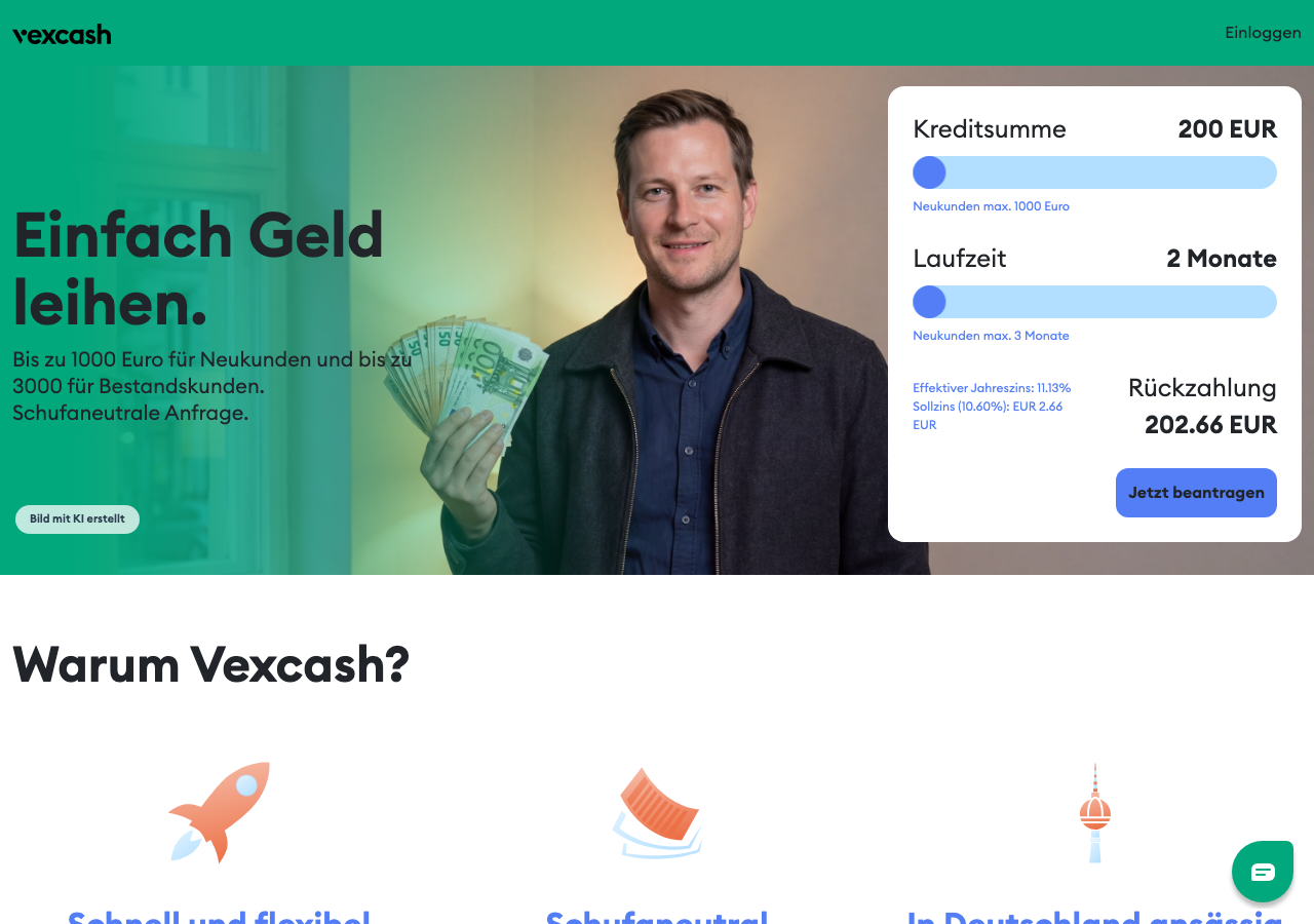 Vexcash Startseite mit Kreditrechner: Kreditsumme 200 Euro, Laufzeit 2 Monate, Rückzahlung 202,66 Euro.